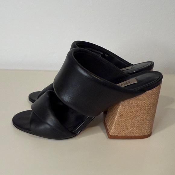 Steve Madden Black Leather Mules with Tan Raffia Heel - Picture 4 of 6